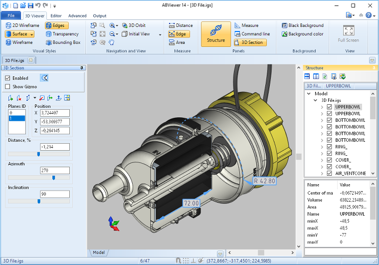 Section view of a 3D model in ABViewer